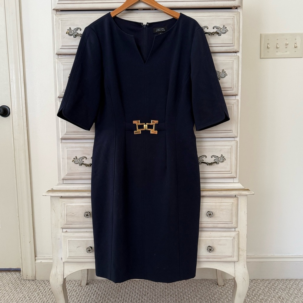 Tahari Navy Sheath Dress with Gold Accent - Picture 2 of 5
